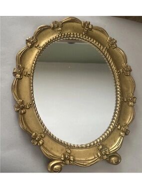 Vintage Syroco 1943 Gold Gilt Oval Vanity Mirror Easel Back Floral Bow USA